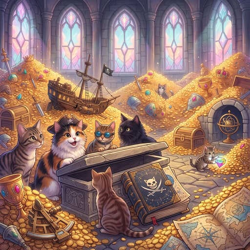Ilustración del cuento de la prueba: gatos piratas junto a un cofre lleno de monedas de oro
