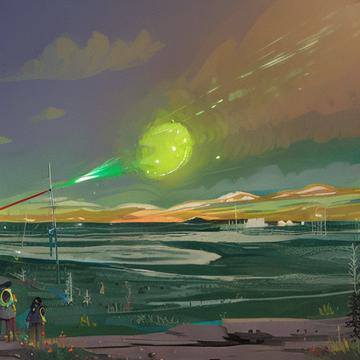 Ilustración de la lectura: un cometa verde cruzando el cielo sobre un paisaje