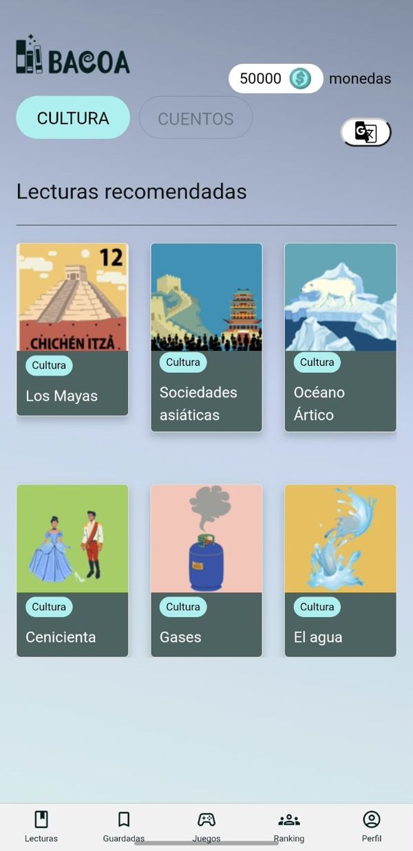 Captura de la app: pantalla de inicio con las lecturas recomendadas, las pestañas Cultura y Cuentos y las monedas del estudiante