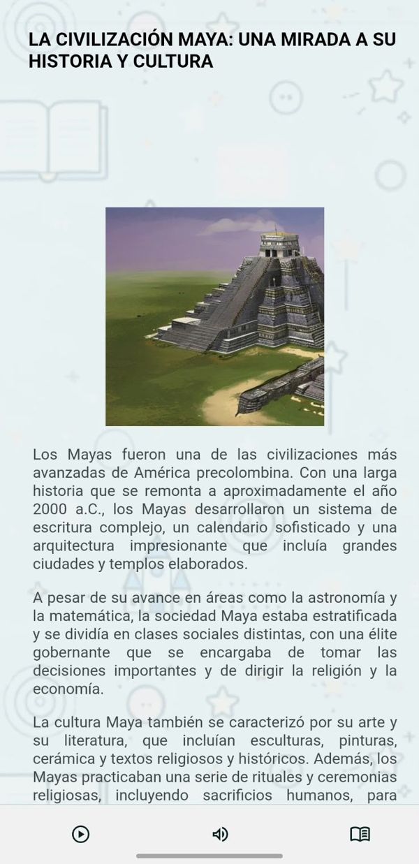 Captura de la app: lectura «La civilización maya» con su ilustración