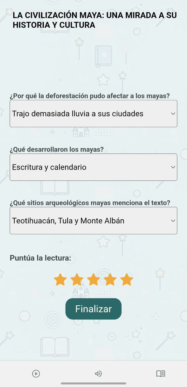Captura de la app: tres preguntas de comprensión con respuestas desplegables, la calificación con estrellas y el botón Finalizar